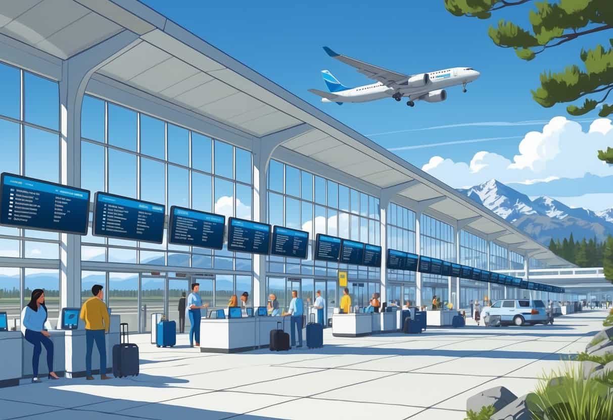 An airport terminal in Fort Collins, Colorado, with travelers waiting calmly, airport staff assisting, airplanes at gates, and mountains visible through large windows.