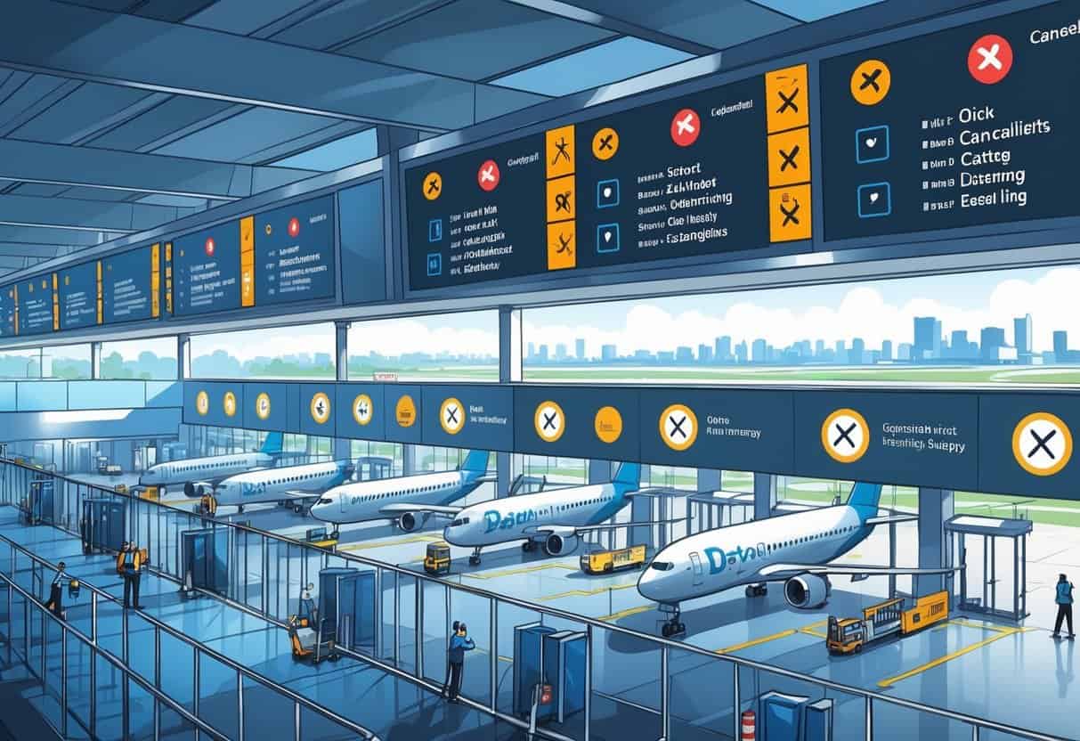 An airport terminal in Dayton, Ohio, showing airplanes at gates and passengers waiting, with digital boards indicating some flights are cancelled.