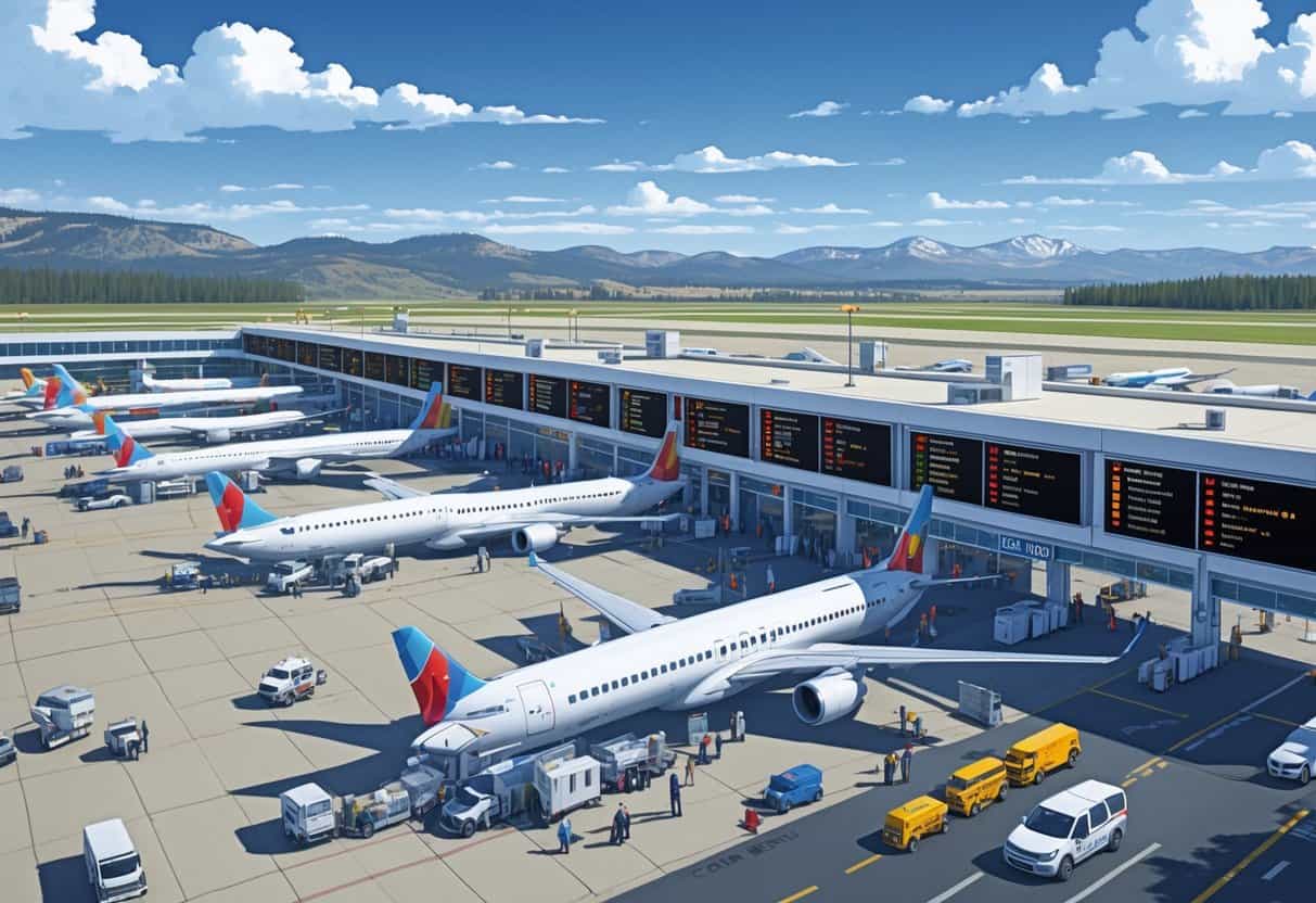 A busy airport terminal near Fort Collins with airplanes, passengers, and flight information boards showing some cancelled flights, set against the Rocky Mountains.