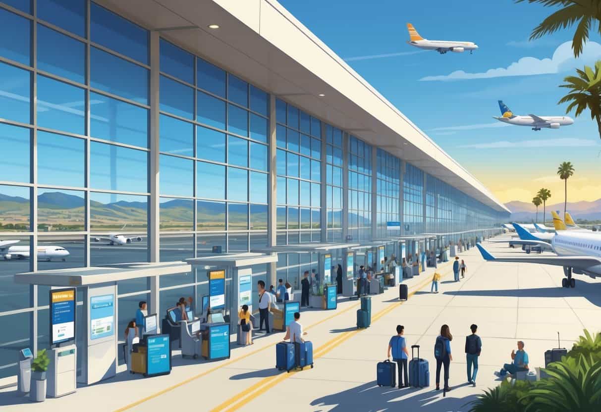 A busy airport terminal near El Cajon, California, with travelers waiting comfortably and airplanes parked at gates under a sunny sky.