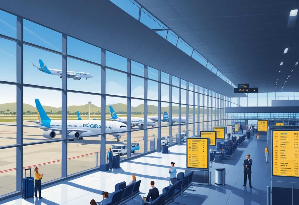 An airport terminal near El Cajon with airplanes on the tarmac, passengers waiting, airline staff assisting, and control towers in the background under a clear sky.