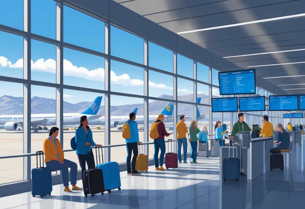 Passengers waiting inside a Denver airport terminal with planes outside and Rocky Mountains in the background, showing airport staff assisting travelers during flight delays.