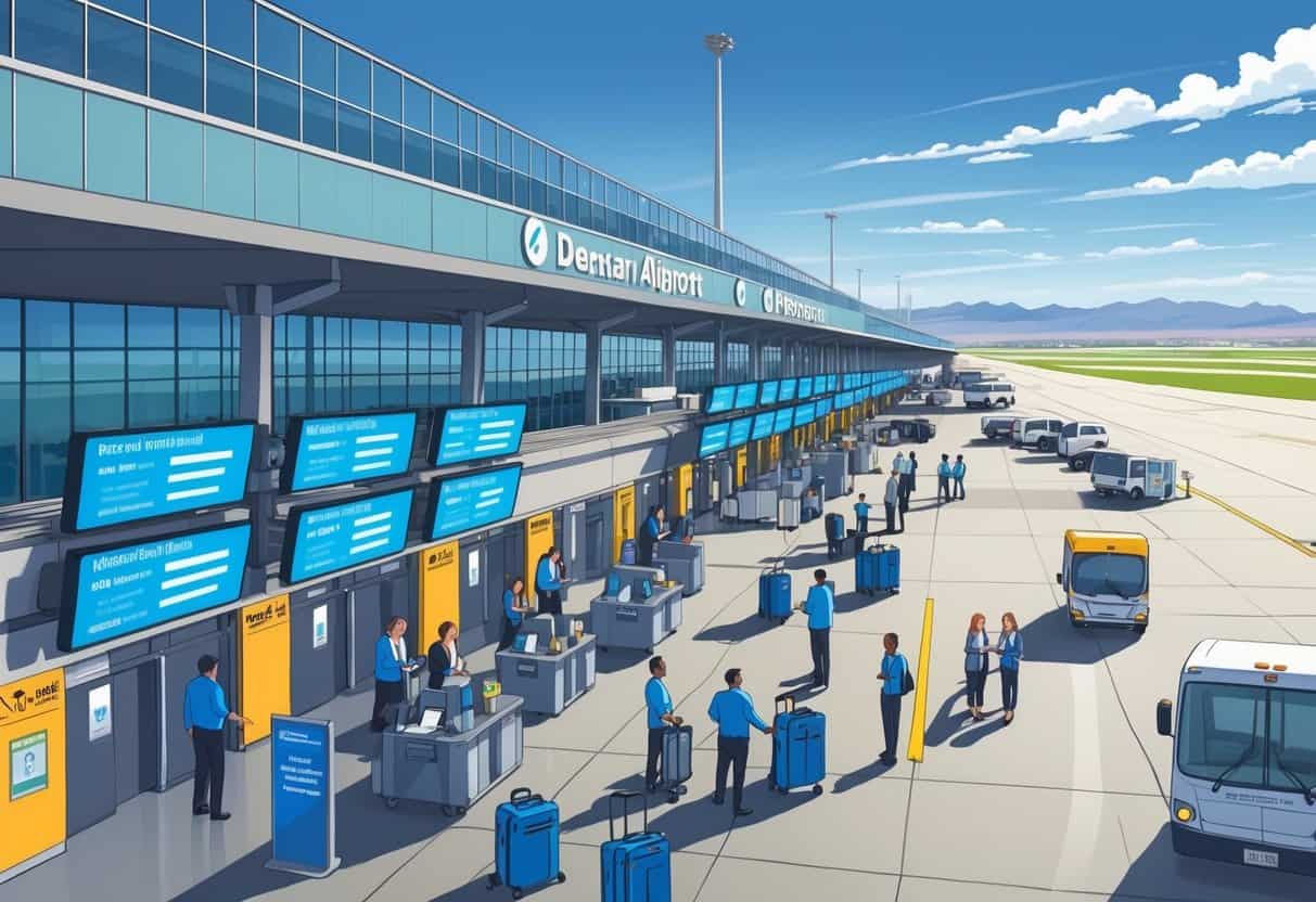 Airport terminal in Denver with passengers and staff managing flight cancellations, showing gates, flight information screens, and airplanes on the runway.