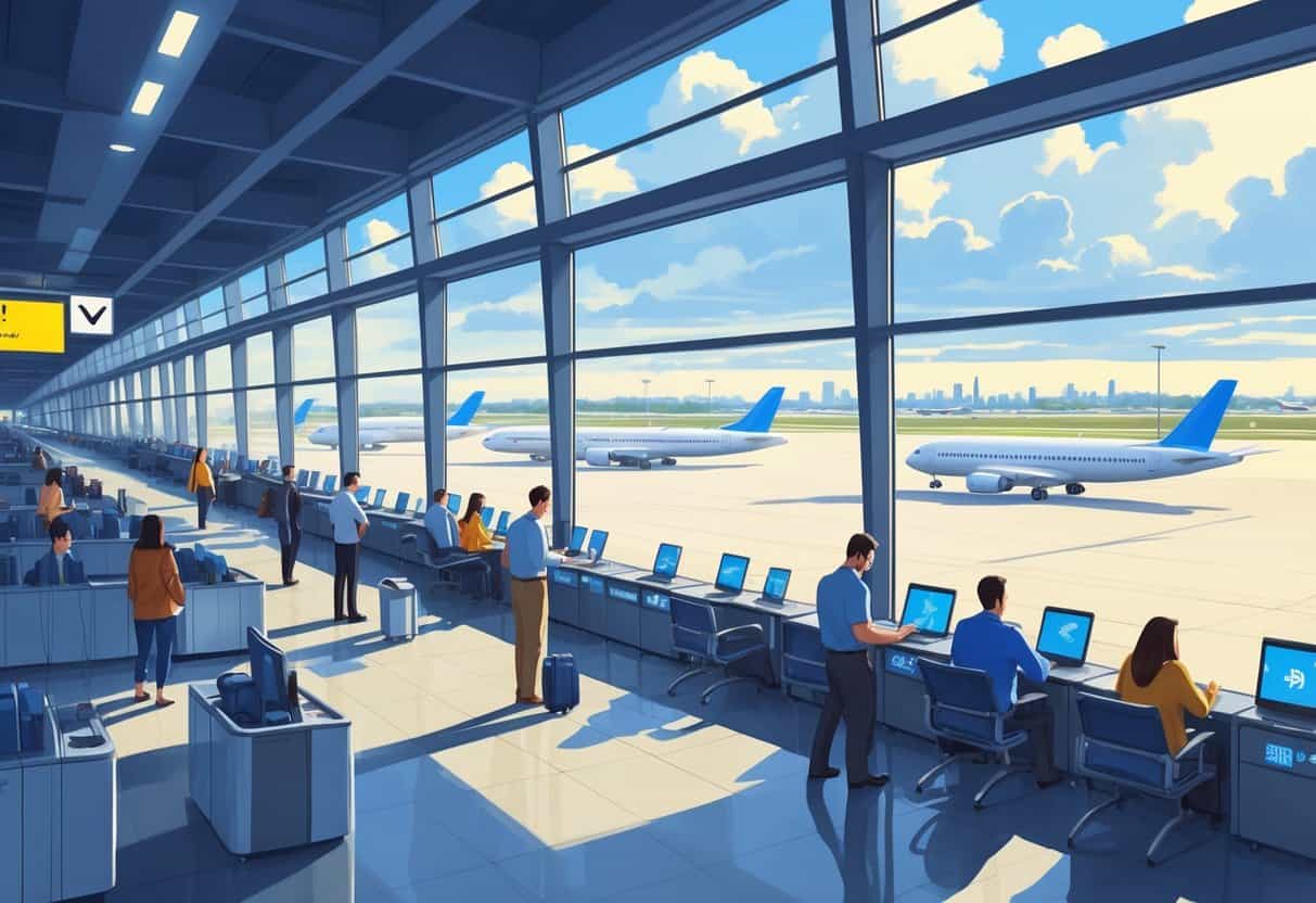 A busy airport terminal with travelers receiving assistance from staff, airplanes parked outside, and a city skyline visible in the distance.