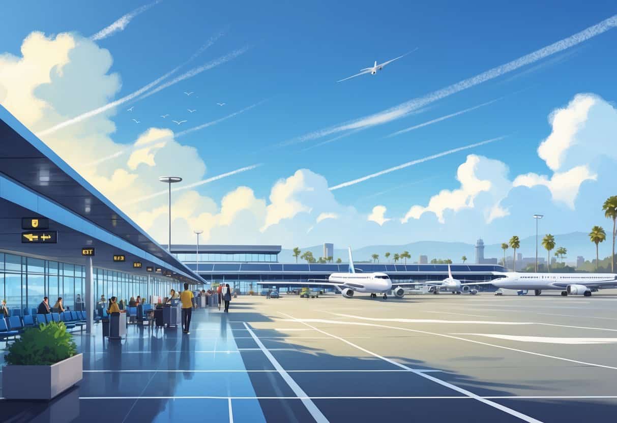 A modern airport terminal with passengers waiting calmly, airplanes on the tarmac, palm trees nearby, and a clear blue sky.