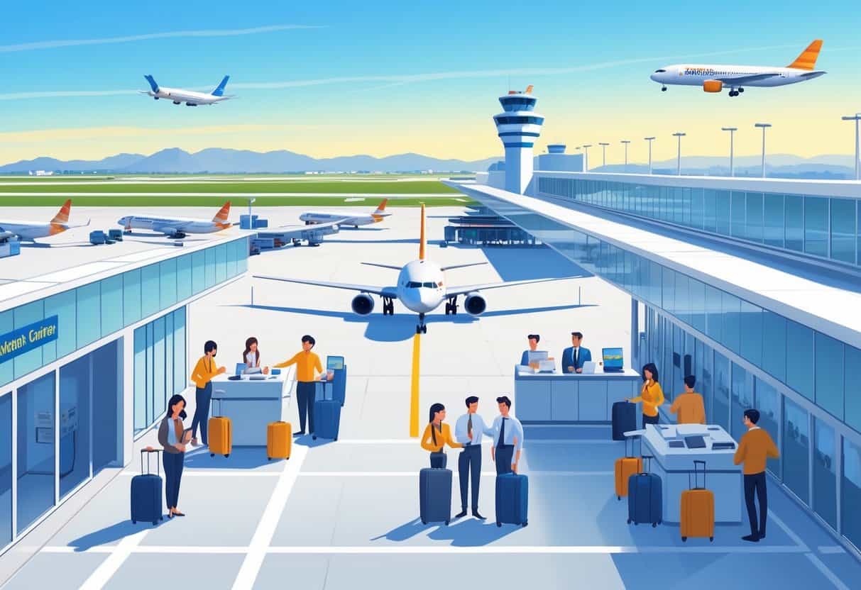 Airport terminal near Downey with airplanes, travelers, and airline staff assisting passengers.