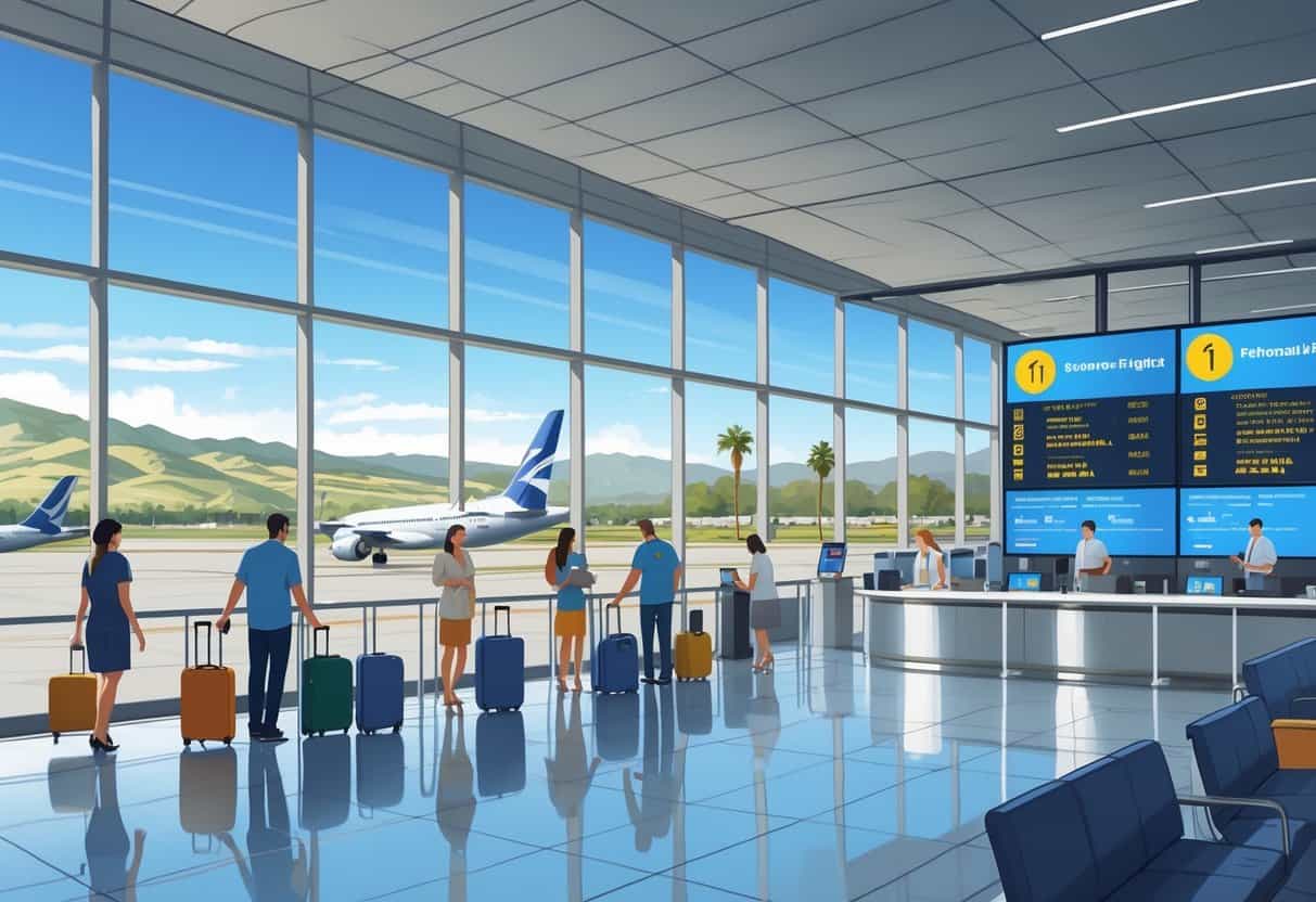 An airport terminal near Escondido, California, showing travelers calmly interacting with staff and planes visible outside under a sunny sky.