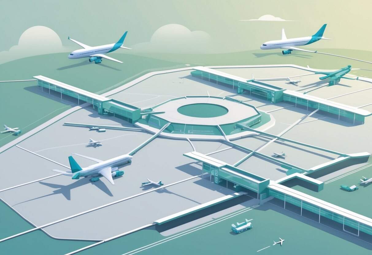 A map showing Escondido, California, with nearby airports highlighted, along with illustrations of airport terminals and airplanes on runways.