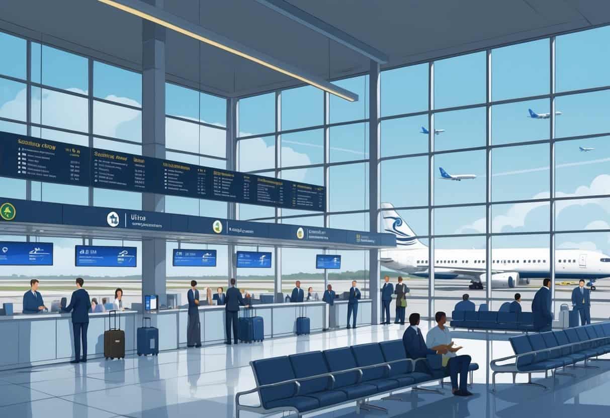 An airport terminal with passengers and staff interacting calmly, showing a supportive environment for travelers affected by cancelled flights.