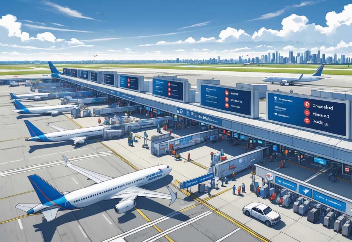 An airport terminal near Edison, New Jersey with airplanes, passengers, and flight status boards showing cancelled flights.