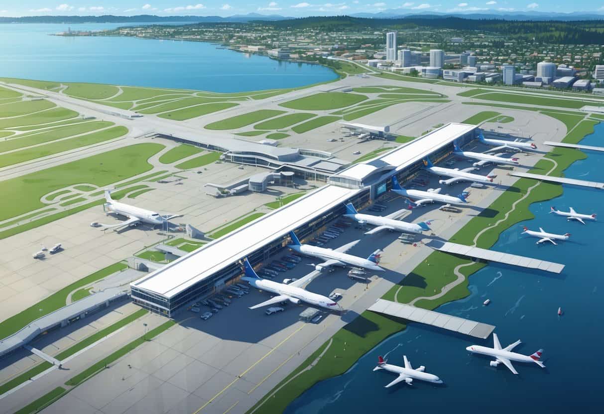 Aerial view of an airport in Everett, Washington, showing airplanes at gates, runways, and nearby city buildings under a clear sky.