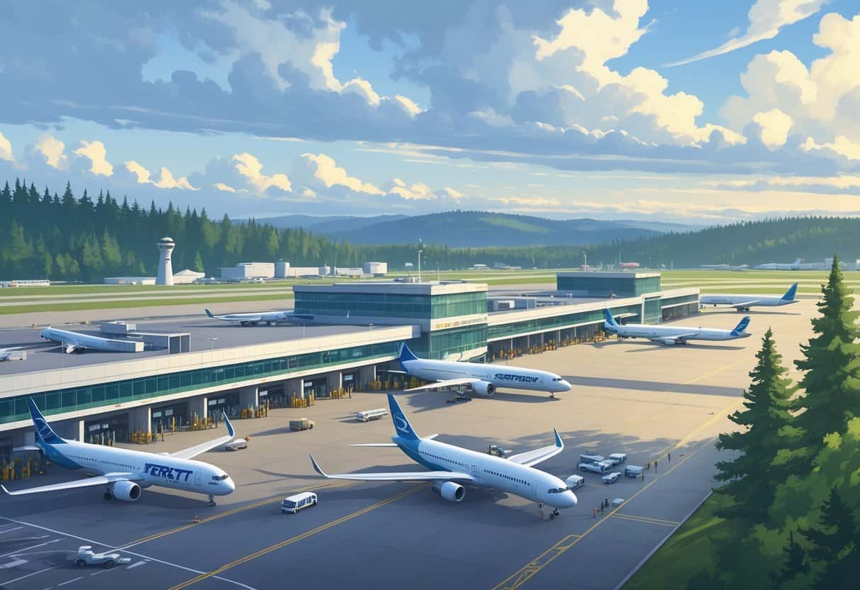 An airport terminal near Everett, Washington, with parked airplanes, ground crew, and surrounding evergreen trees under a partly cloudy sky.