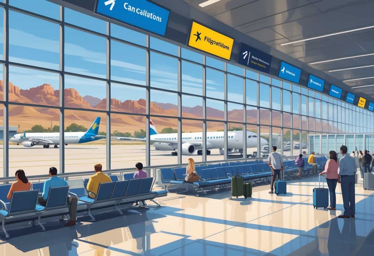 An airport terminal in El Paso, Texas with passengers waiting calmly, airport staff assisting travelers, airplanes on the tarmac, and a desert landscape with mountains in the background.