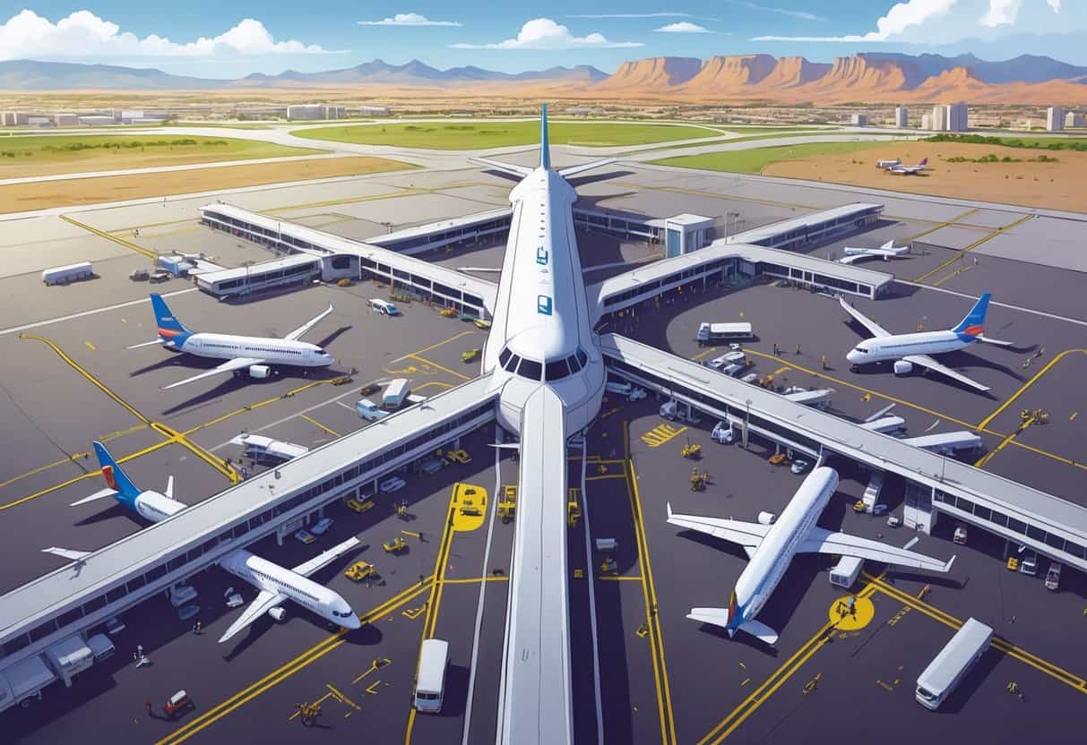 Aerial view of El Paso airports showing airplanes on runways and terminals with cloudy skies and airport staff managing operations.