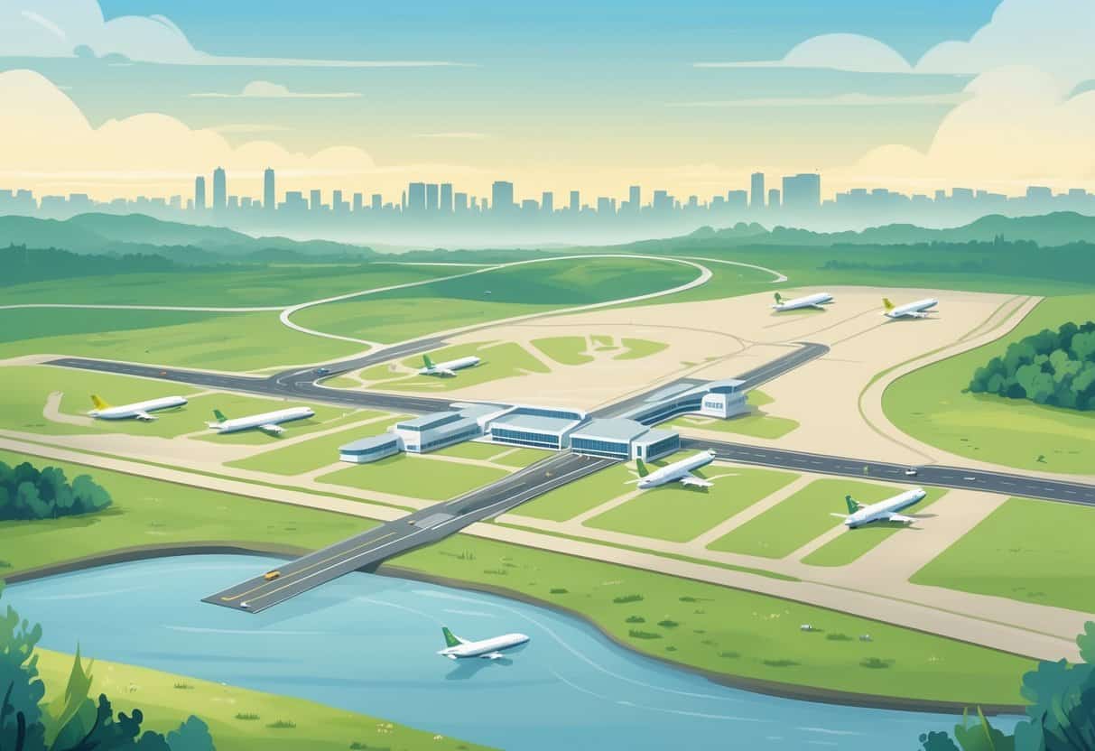 Map showing Fayetteville, Arkansas with several airports marked by small terminals and runways, airplanes taking off and landing, and the city skyline in the background.