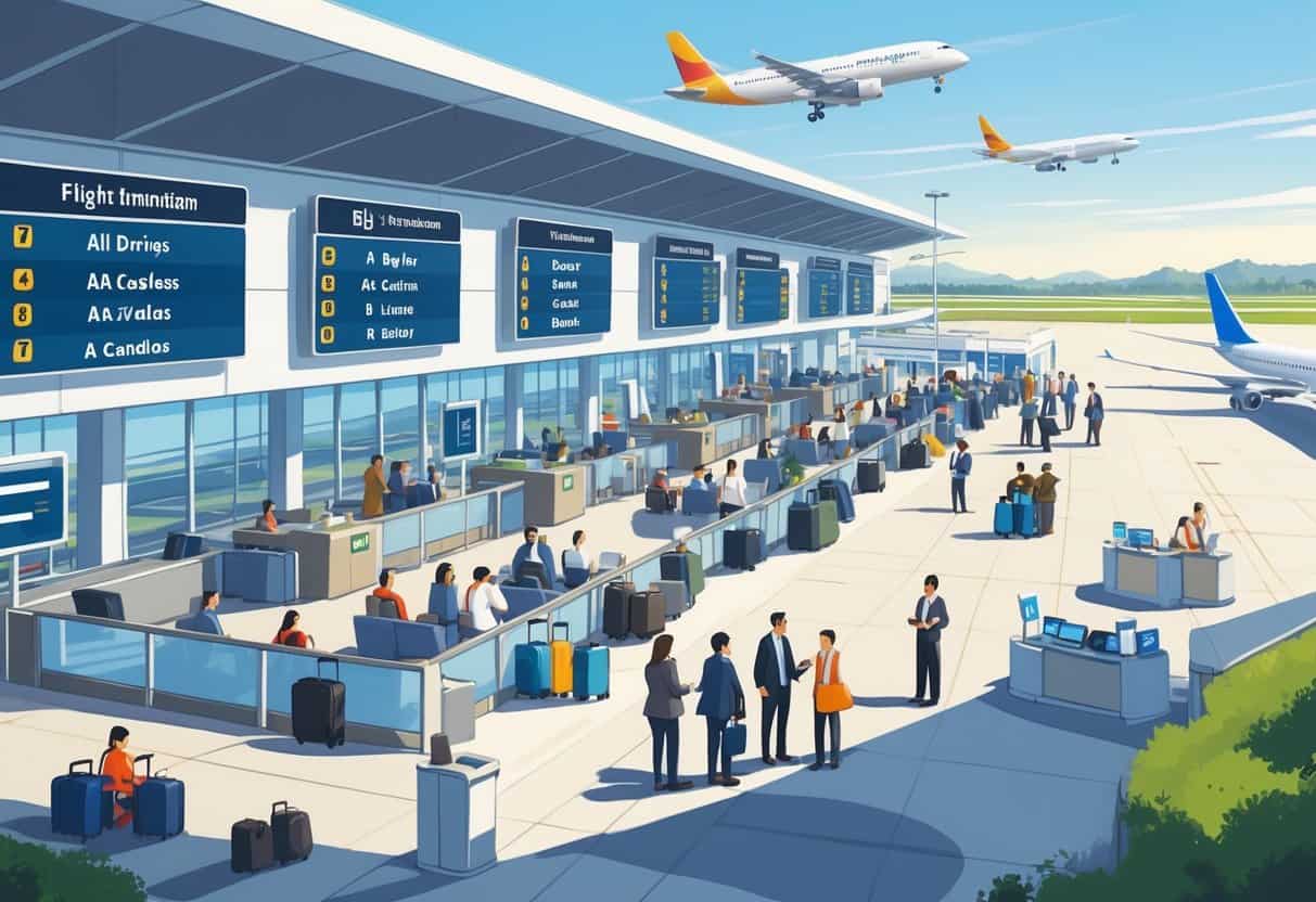 Airport terminal with travelers waiting, staff assisting passengers, airplanes on the runway, and a calm atmosphere despite flight delays.