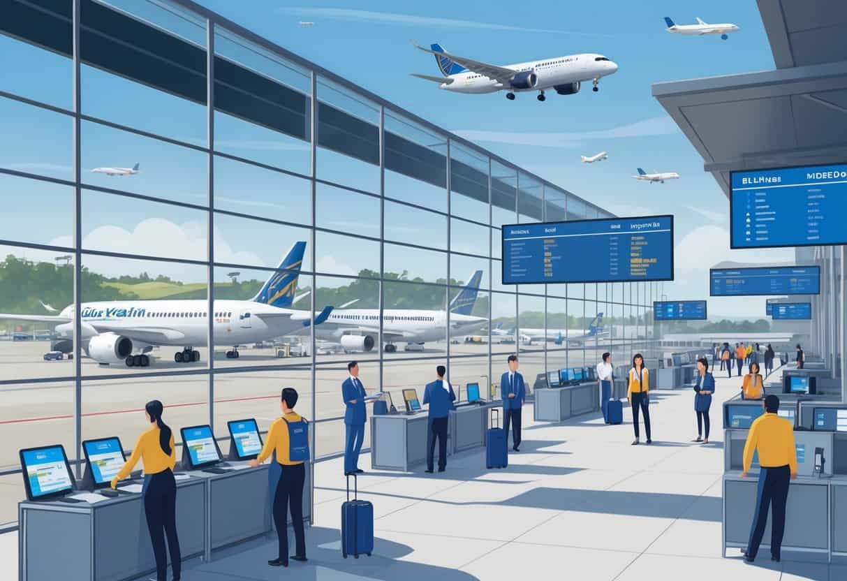 Airport terminal near Elk Grove with staff assisting passengers and airplanes at gates during flight cancellations.