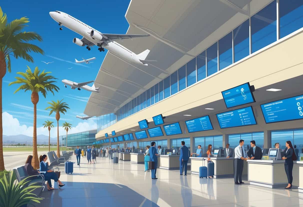 A busy airport terminal with travelers, staff helping passengers, airplanes outside, and clear skies in Fontana, California.