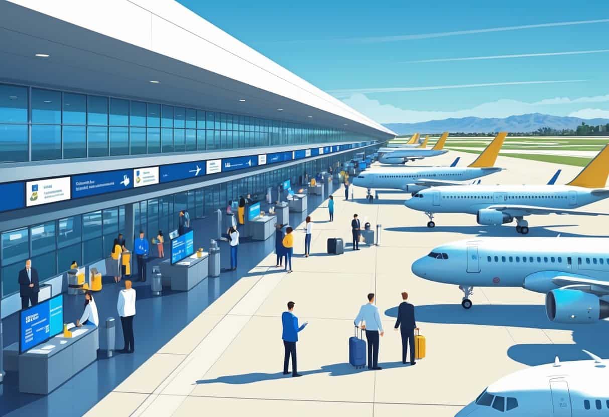 An airport terminal near Fontana with passengers and staff managing flight cancellations, airplanes on the tarmac, and a clear sky with distant mountains.