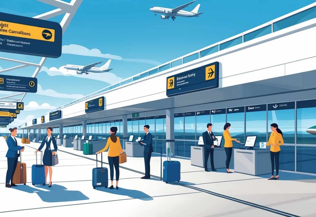 An airport terminal in Evansville with staff helping passengers and airplanes visible outside on the runway.