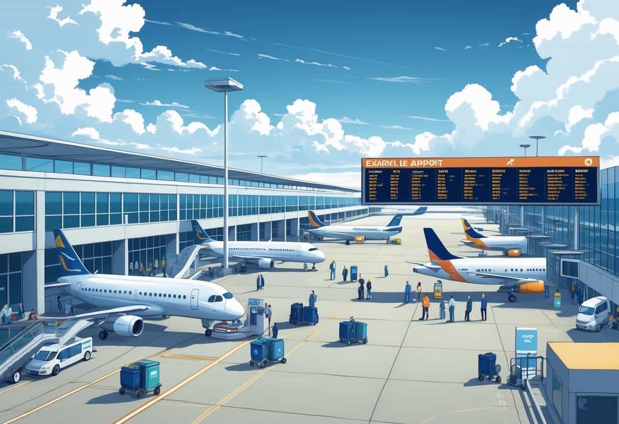 An airport terminal at Evansville with airplanes parked and passengers waiting, showing a scene of flight cancellations and airport activity.