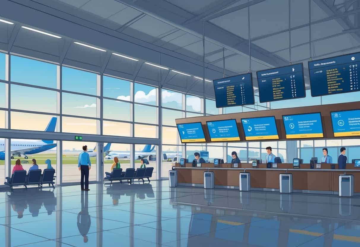 A busy airport terminal in Fargo, North Dakota, showing passengers and staff managing flight cancellations with calm and support.