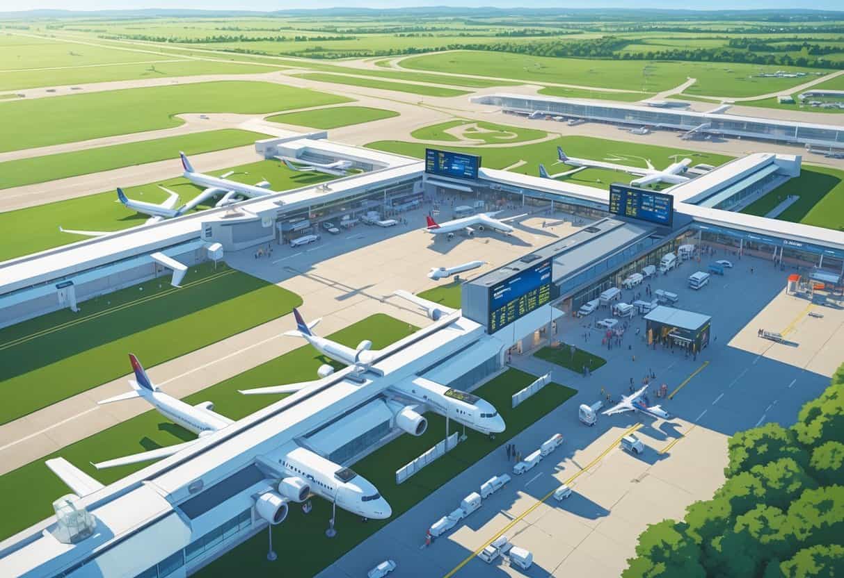 Aerial view of a modern airport near Fishers, Indiana, with airplanes, terminals, and passengers waiting inside a spacious terminal.