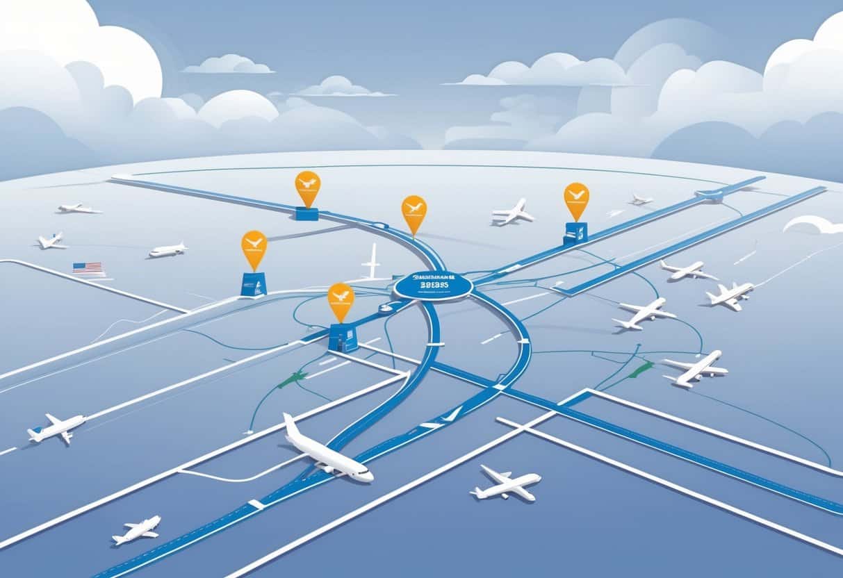 A detailed map showing Fishers, Indiana, with nearby airports marked by airplane icons and travel routes connecting them.