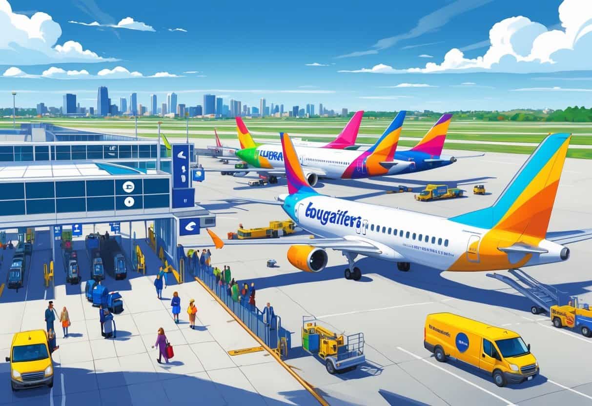 An airport scene in Davenport, Iowa, showing budget airline planes at gates with travelers and airport staff around.