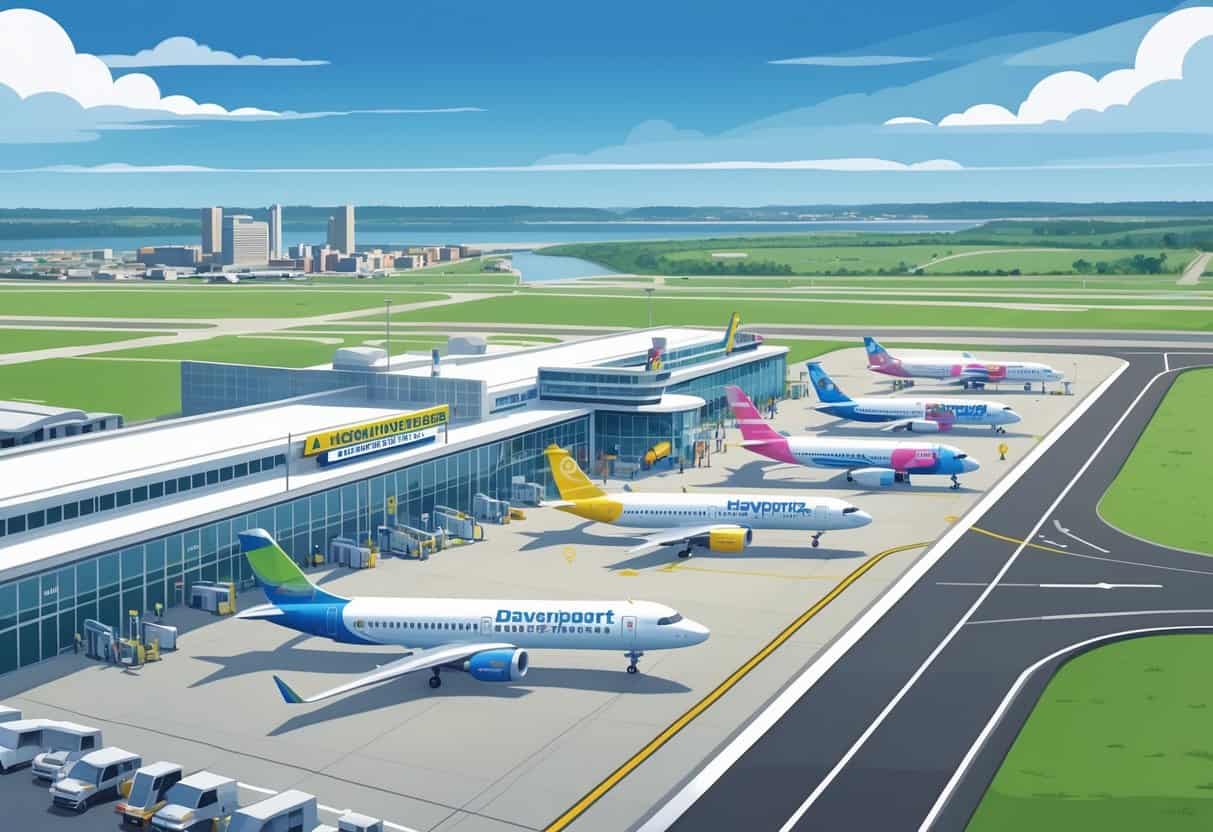 An airport scene in Davenport, Iowa, showing several budget airline airplanes on the runway and a city skyline with a river and bridges in the background.