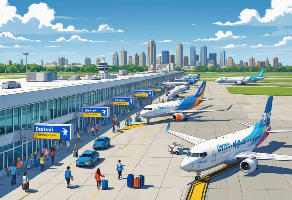 A busy airport scene in Detroit with budget airplanes at gates, passengers walking with luggage, and the city skyline in the background.