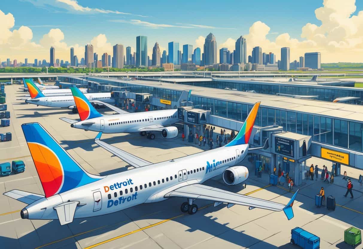 An airport in Detroit with several budget airline planes parked at gates, passengers walking with luggage, and the Detroit skyline in the background.