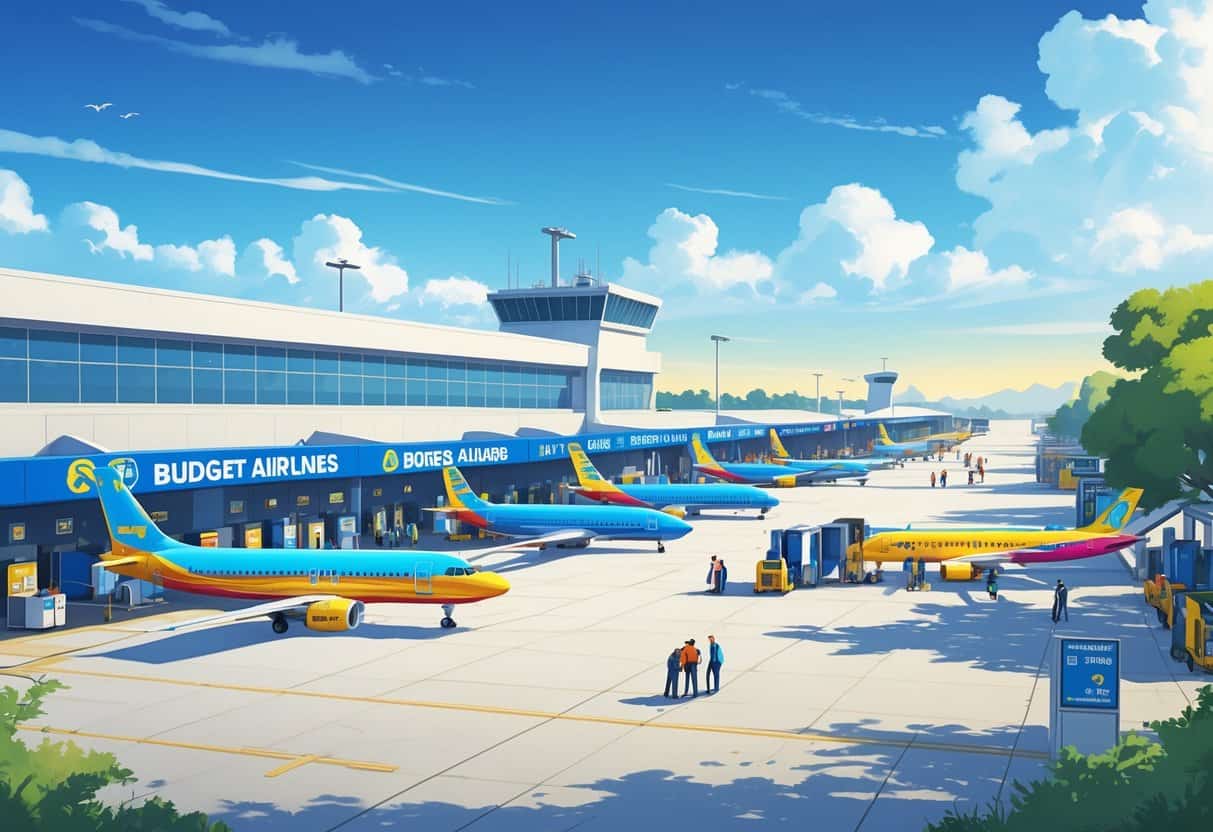 An airport scene showing budget airplanes parked at gates with passengers boarding, set in a suburban area with trees and clear skies.