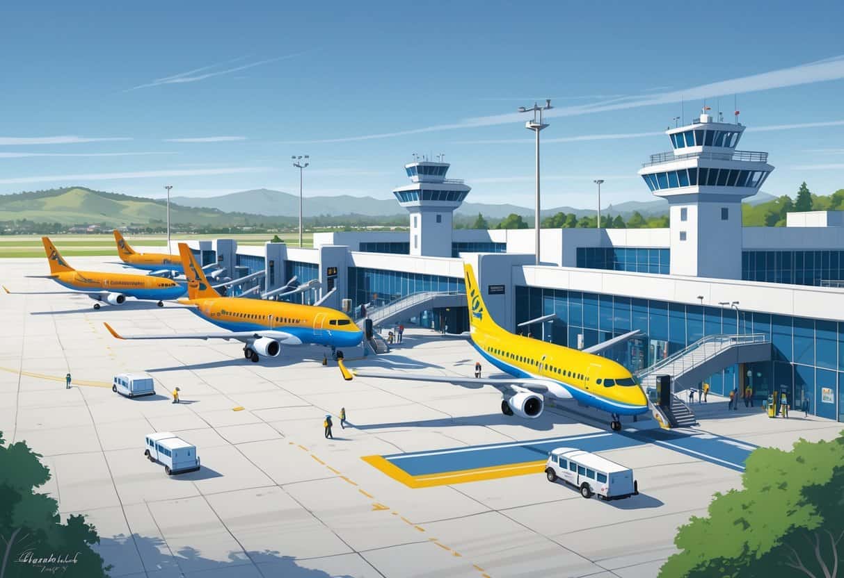 An airport scene showing several colorful budget airplanes parked at gates with a control tower and rolling hills in the background, representing budget airlines serving Elk Grove, California.