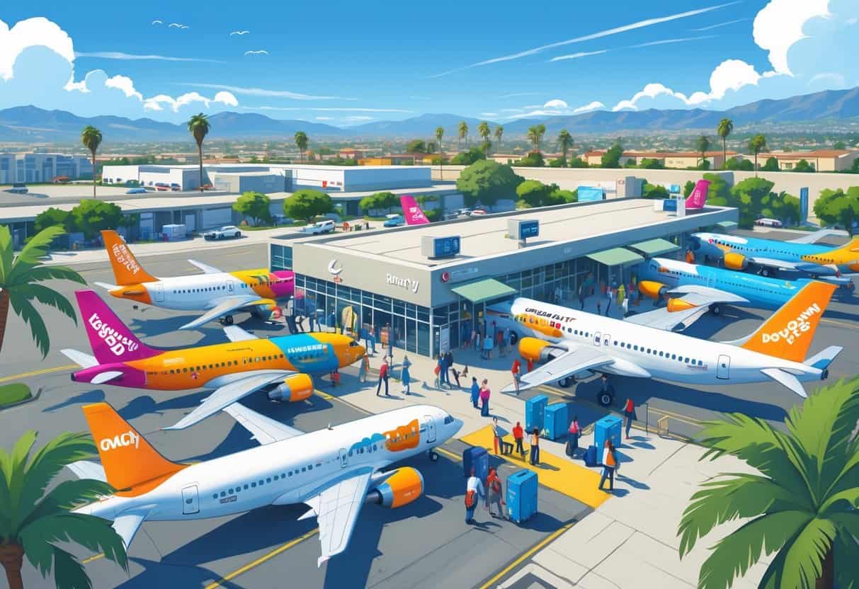 Small airport in Downey, California with budget airline planes parked near the terminal and passengers boarding under clear blue skies.