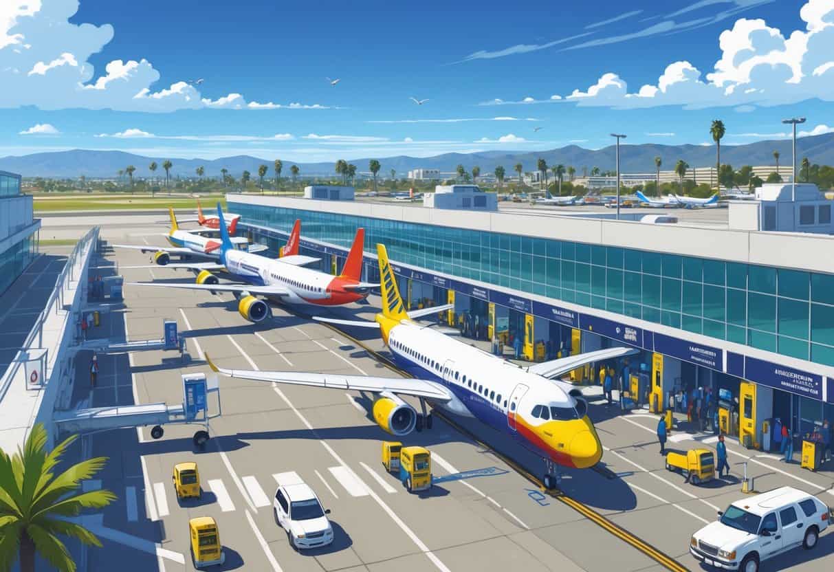 An airport near Downey, California with several budget airline airplanes at gates, passengers boarding, and staff assisting on a sunny day with city buildings and palm trees in the background.