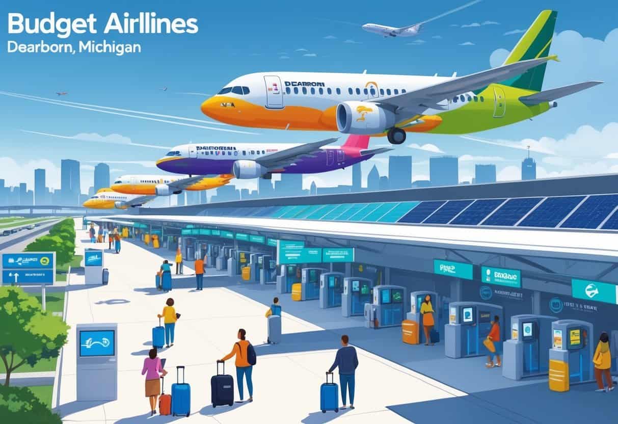 An airport terminal in Dearborn, Michigan with several colorful budget airplanes at gates, travelers with luggage, and the city skyline in the background.