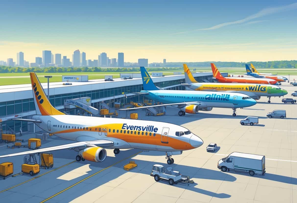 Airport scene showing budget airline planes parked at gates with passengers and ground vehicles near Evansville city skyline.