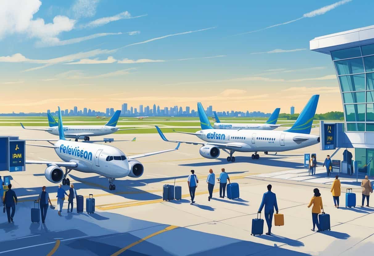 An airport near Edison, New Jersey with budget airline planes parked and passengers walking toward the terminal.