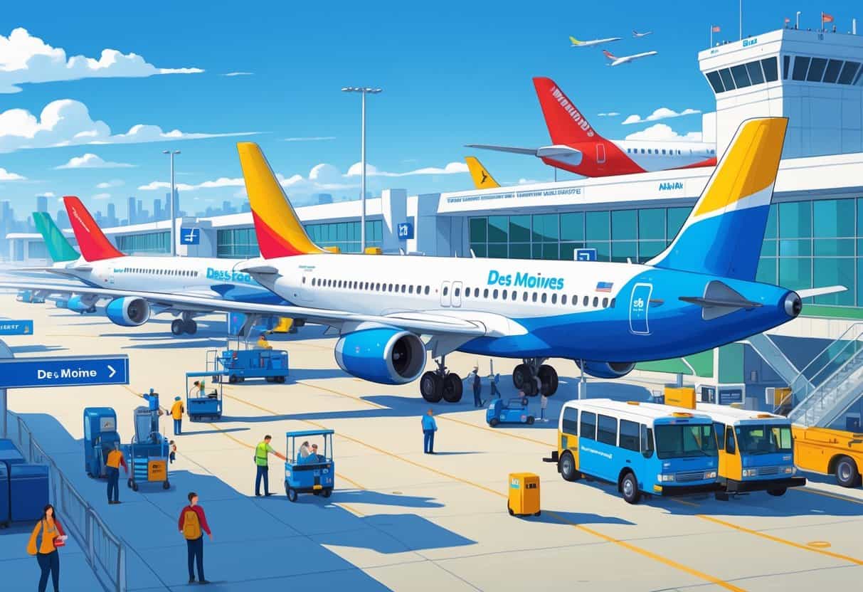 An airport scene in Des Moines showing budget airline airplanes at gates with passengers and staff around, and the city skyline in the background.