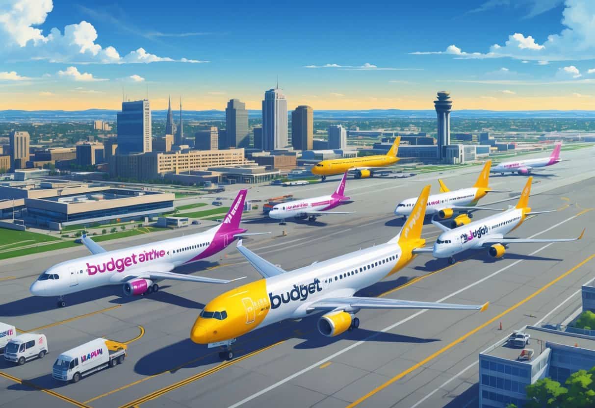 A busy airport near the city of Des Moines with several budget airplanes taxiing and taking off, surrounded by airport buildings and city landmarks.