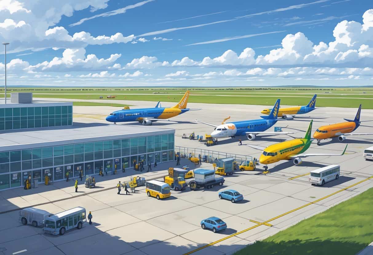 An airport scene in Fargo, North Dakota with budget airline airplanes parked at gates, passengers walking, and airport staff assisting travelers under a partly cloudy sky.