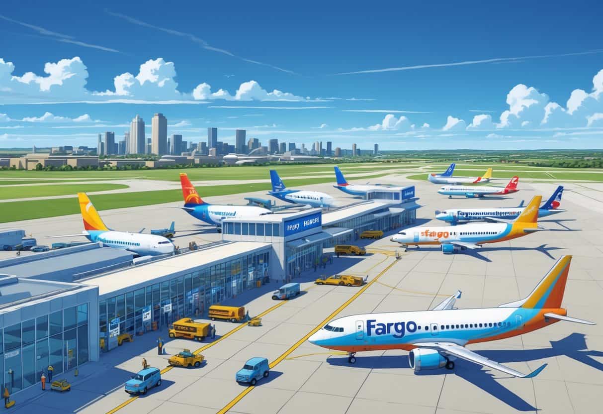 An airport scene in Fargo, North Dakota, with several budget airplanes parked and taxiing near the terminal, and the city skyline in the background.