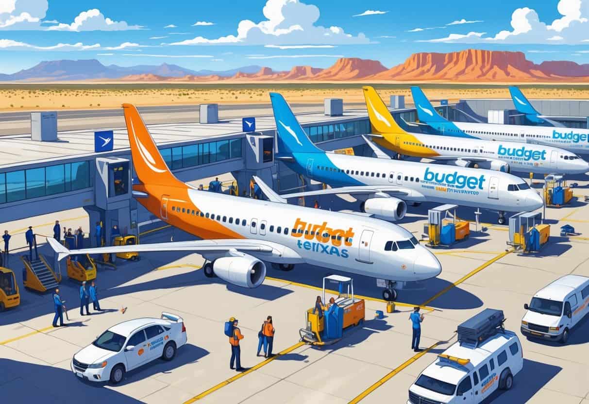 A busy airport scene in El Paso with passengers boarding colorful budget airline planes and desert mountains in the background.