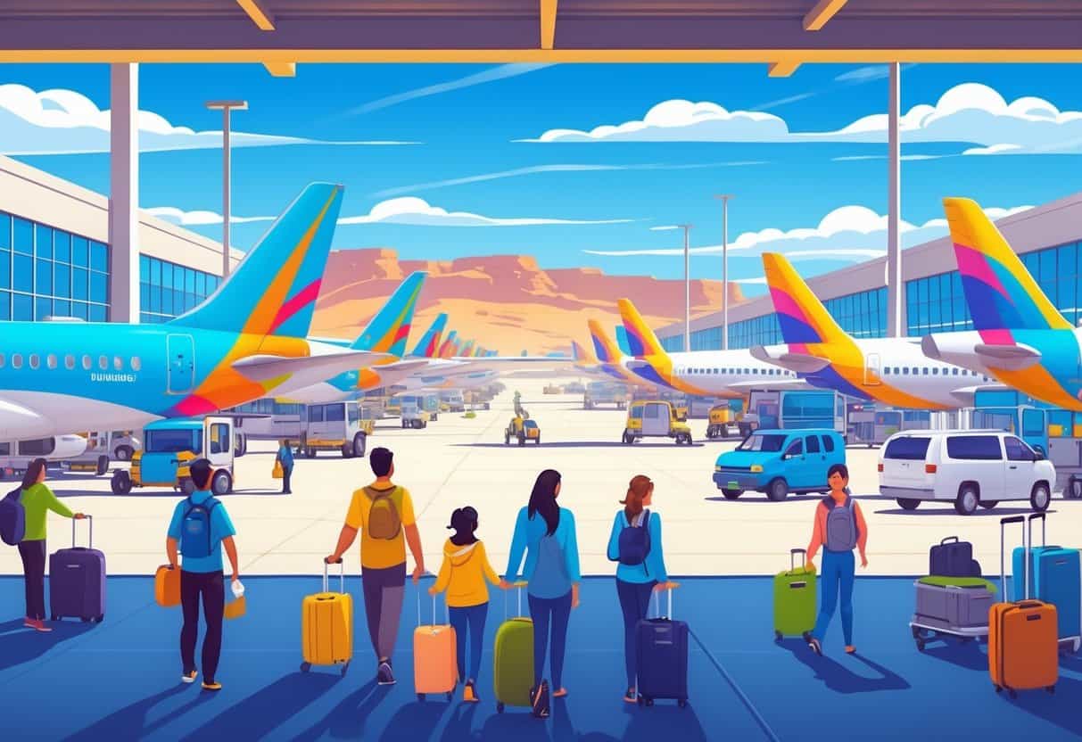 An airport in El Paso, Texas with budget airplanes at gates, ground staff assisting passengers, and desert mountains visible in the background.
