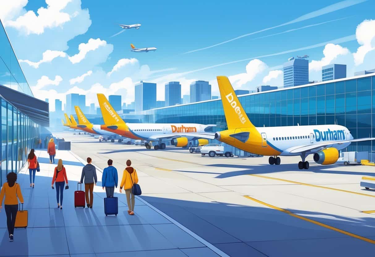 An airport scene in Durham, North Carolina, showing budget airline planes at gates, passengers walking with luggage, and the city skyline in the background.