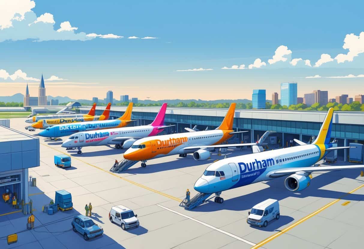 An airport scene showing several budget airline planes at gates with Durham city landmarks in the background and passengers moving around the terminal.
