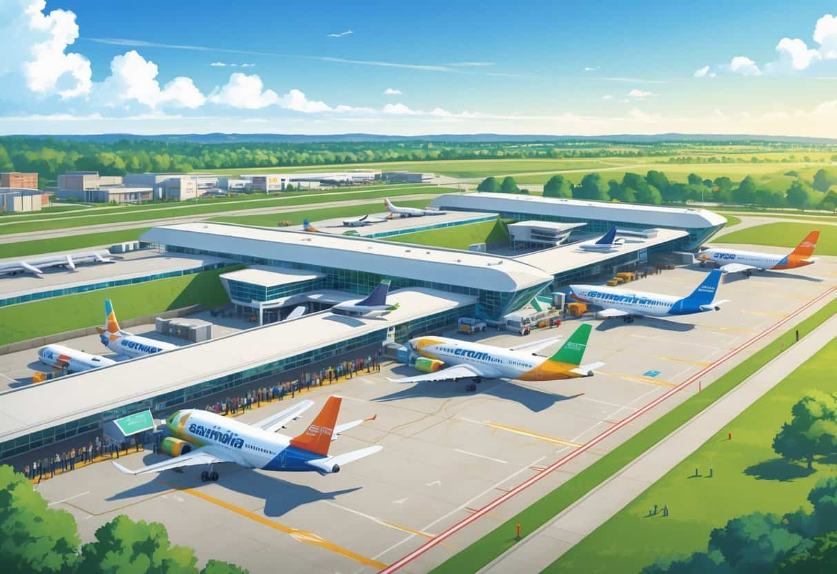 A busy small airport in Fishers, Indiana with budget airplanes at gates and people boarding, surrounded by suburban buildings and green parks under a clear sky.