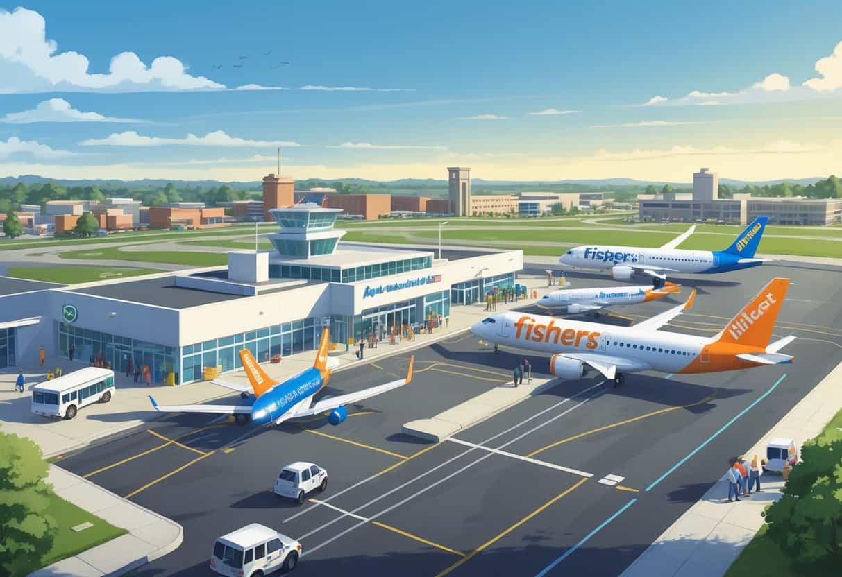 An airport scene in Fishers, Indiana with budget airline planes on the runway, passengers boarding, and local landmarks in the background.