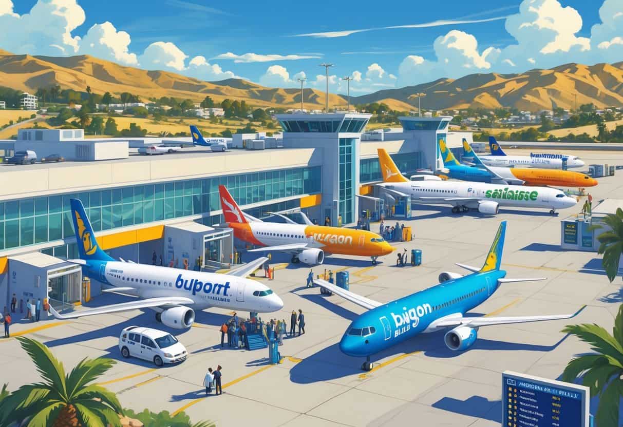 A busy small airport in El Cajon, California, with colorful airplanes from budget airlines parked near gates, passengers boarding, and palm trees under a sunny sky.
